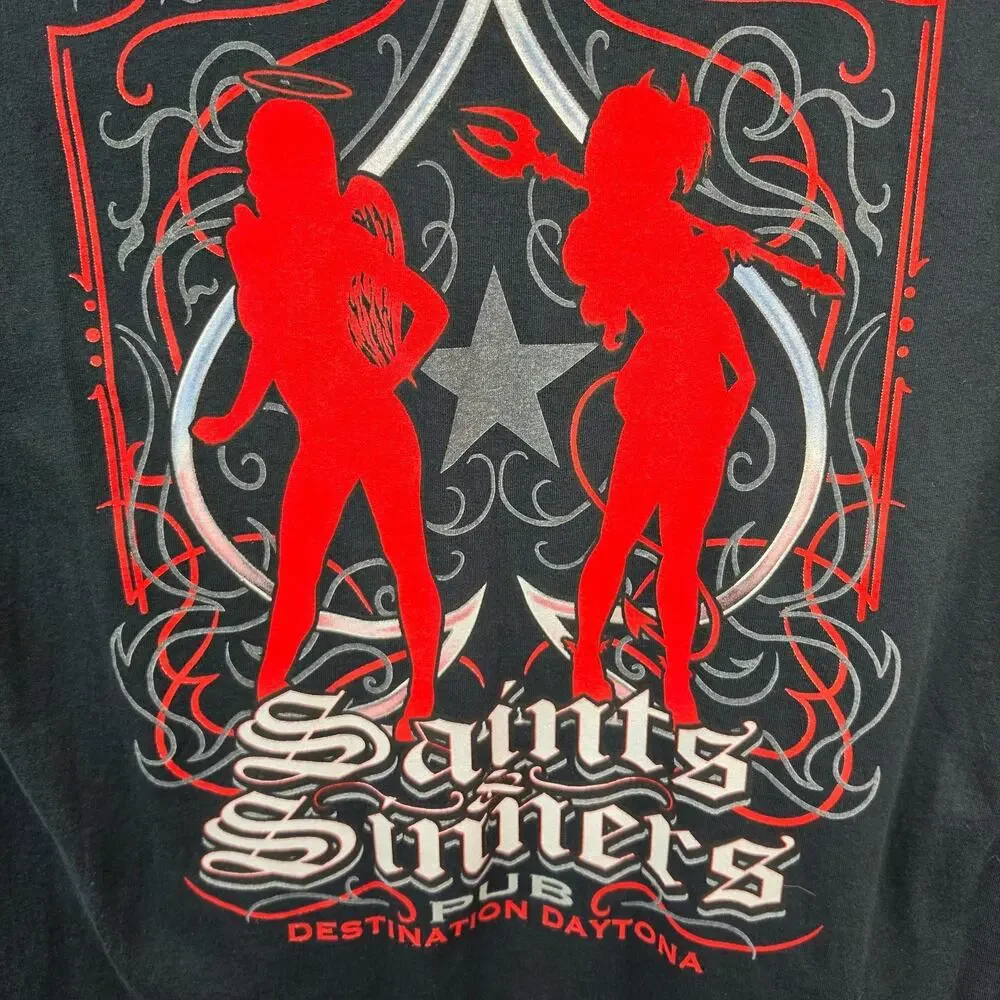Saints & Sinners Pub Daytona Beach Pocket T Shirt Mens XL Biker Black Motorcycle